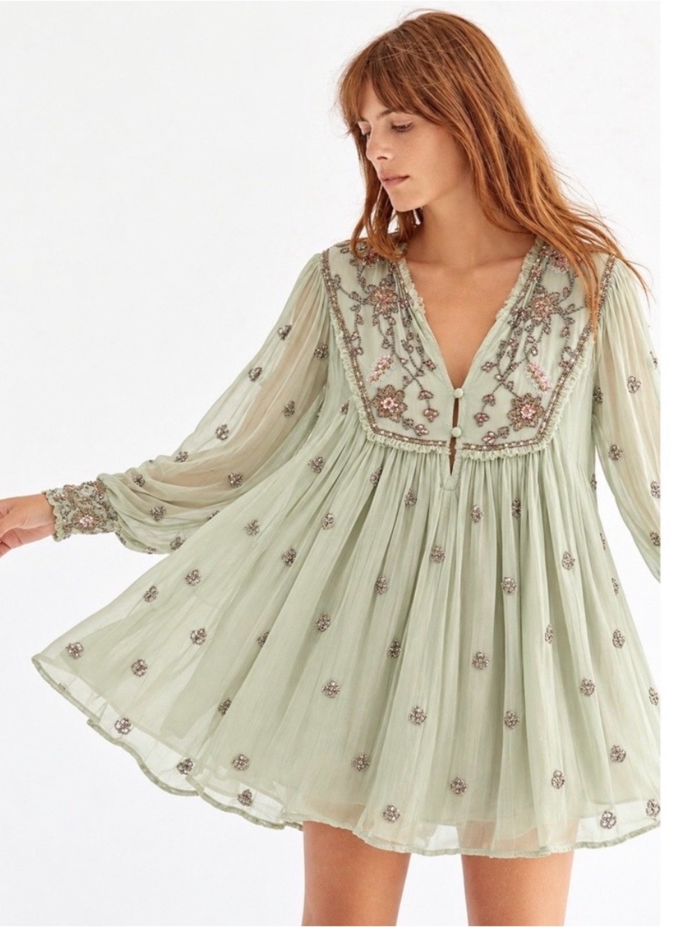 Free People Bali Golden Sun Beaded Sequin Dress Womens M Green Mini $300